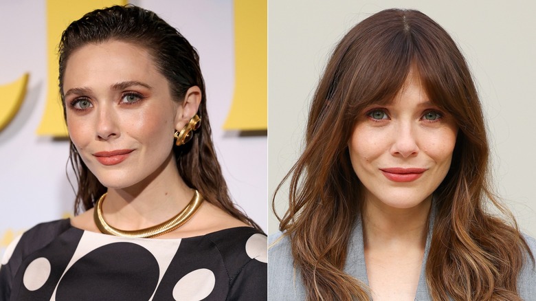 Side-by-side photos of Elizabeth Olsen without and with bangs