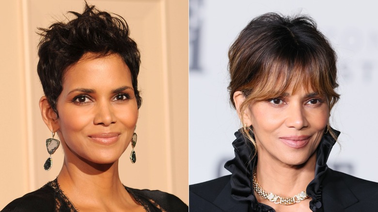 Side-by-side photos of Halle Berry without bangs and with bangs