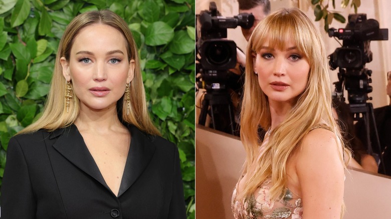 Side-by-side photos of Jennifer Lawrence before and after bangs