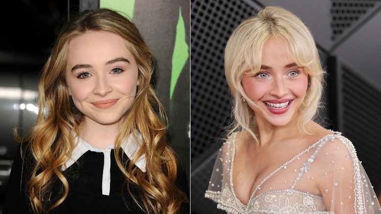 Side-by-side photos of Sabrina Carpenter before and after bangs