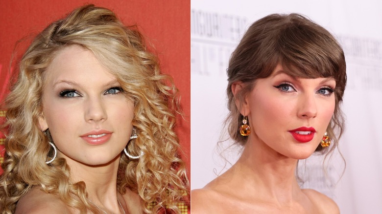 Side-by-side photos of Taylor Swift before getting bangs and after