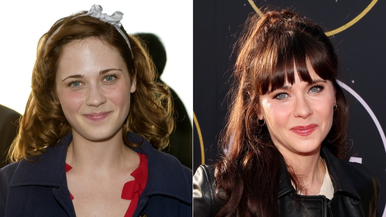 Side-by-side photos of Zooey Deschanel, both without bangs and with bangs