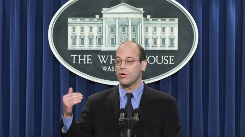 Ari Fleischer speaking in front of the White House seal in the briefing room