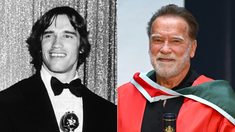 Split image of Arnold Schwarzenegger in the 1970s on the left, Arnold Schwarzenegger in the 2020s on the right