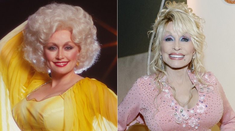 Split image of Dolly Parton in the 1970s on the left, Dolly Parton in the 2020s on the right