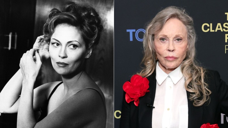 Split image of Faye Dunaway in the 1970s on the left, Faye Dunaway in the 2020s on the right