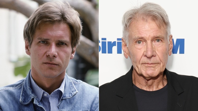 Split image of Harrison Ford in the 1970s on the left, Harrison Ford in the 2020s on the right