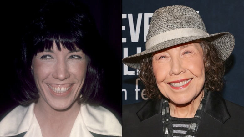 Split image of Lily Tomlin in the 1970s on the left, Lily Tomlin in the 2020s on the right