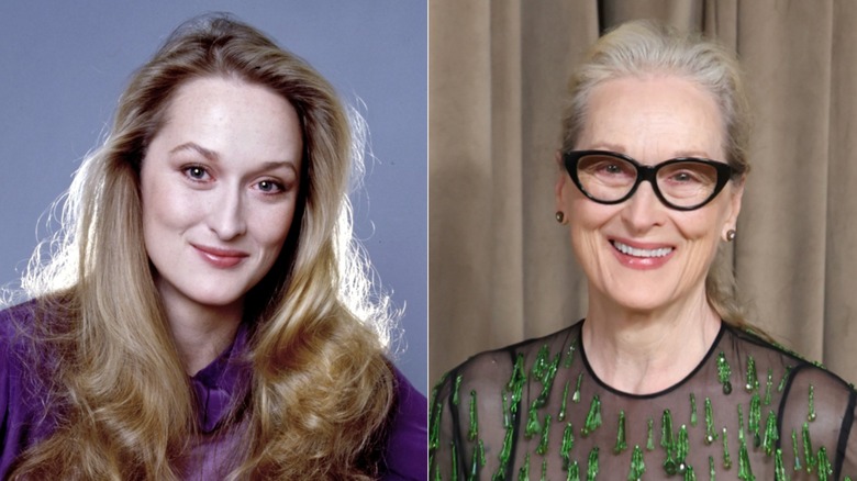 Split image of Meryl Streep in the 1970s on the left, Meryl Streep in the 2020s on the right