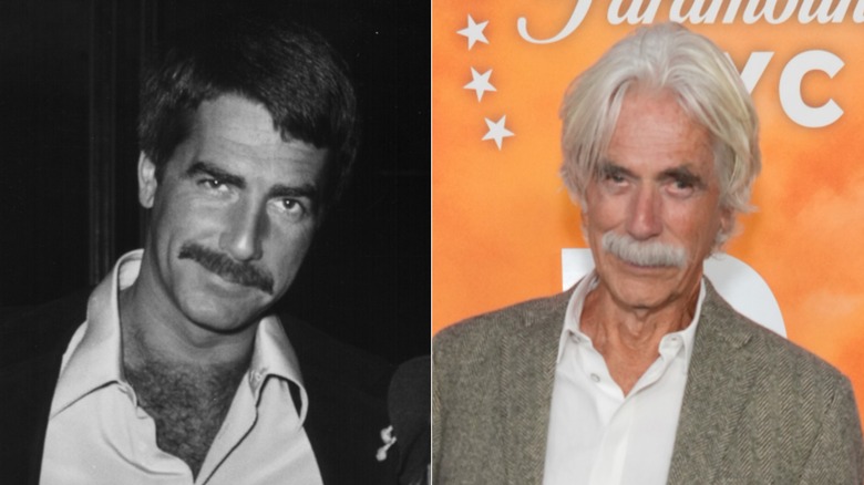 Split image of Sam Elliott in the 1970s on the left, Sam Elliott in the 2020s on the right
