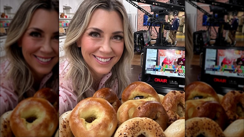 Stacey Stauffer poses on a TV set with bagels