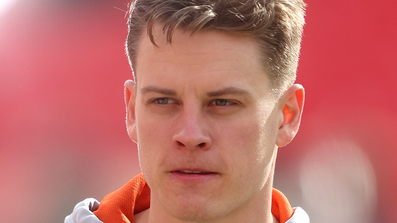 Joe Burrow on the field before a Bengals game 