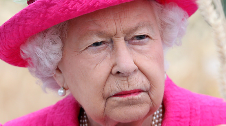 Queen Elizabeth frowning pink suit 2019