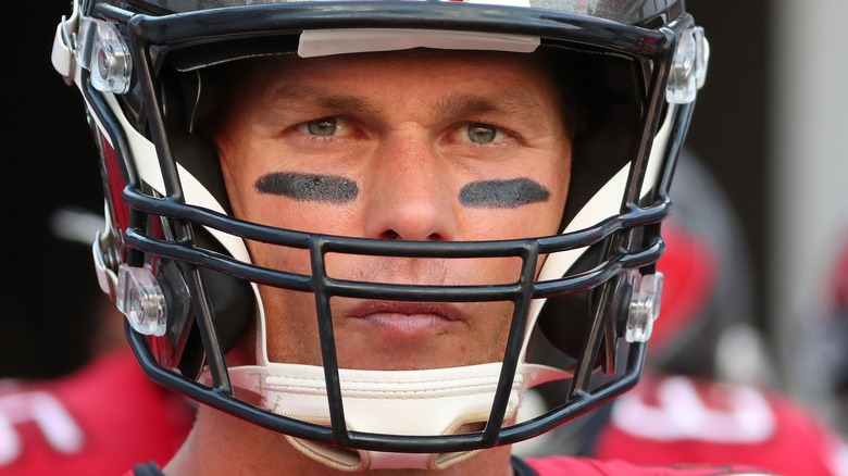 Tom Brady looks fierce in Bucs Helmet and uniform.