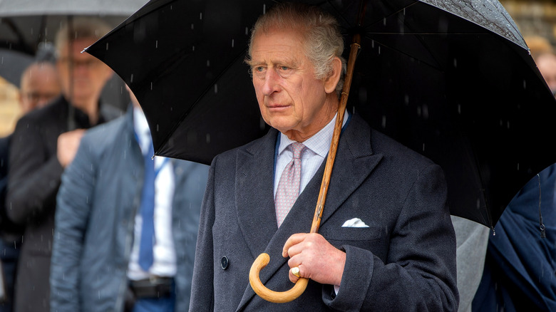 King Charles III during the wreath-laying ceremony at St. Nicolai memorial in Germany in March 2023