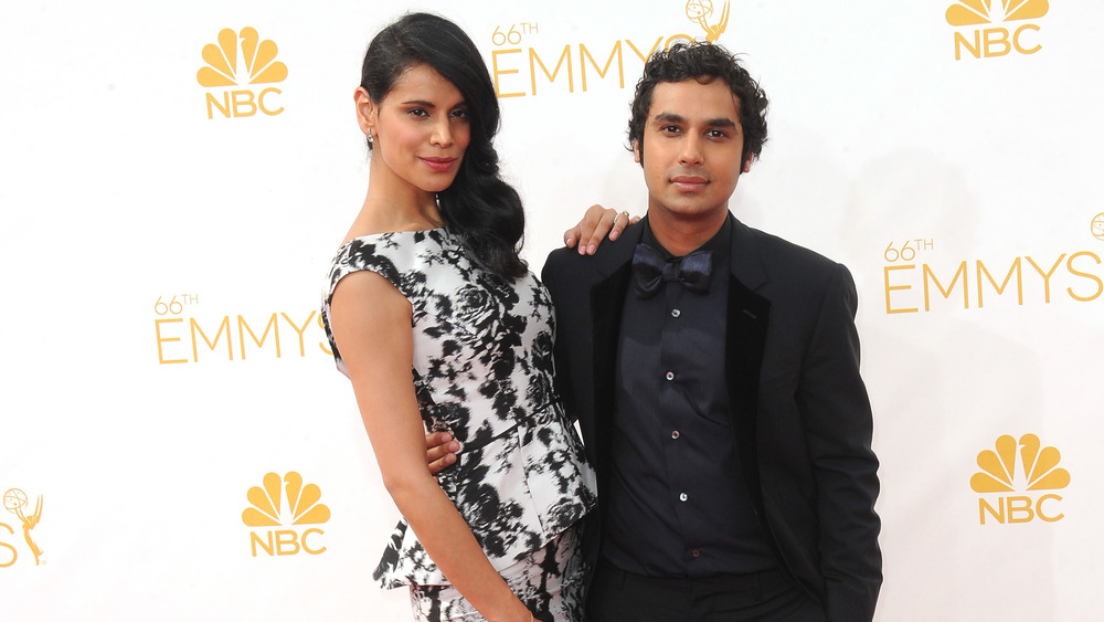 Kunal Nayyar and Neha Kapur Nayyar in tux and black and white gown