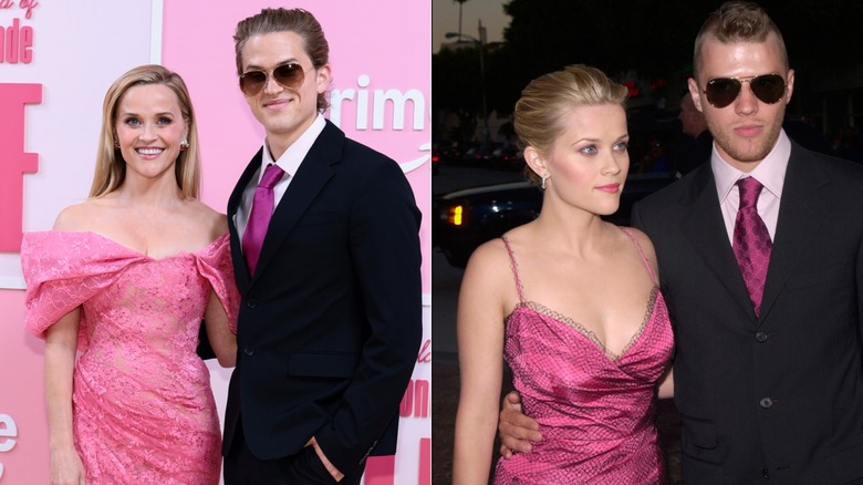 A split image showing Reese Witherspoon and Deacon Phillippe at the 2026 premiere of Elle, next to Reese Witherspoon and Ryan Phillippe (in a similar outfit) at the premiere of Legally Blonde