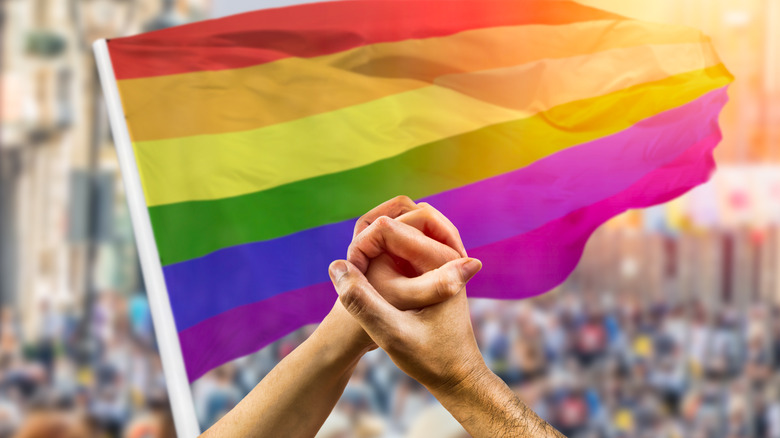 Clasped hands and Pride flag