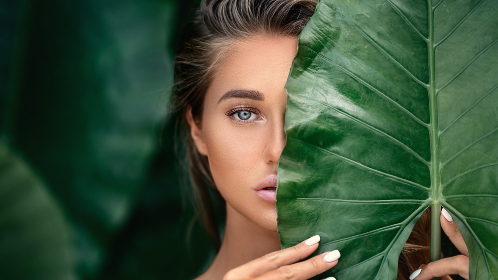 A woman behind a large green leaf