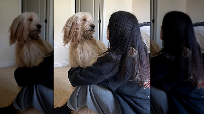 Briana Cuoco sitting on a bedroom floor with her dog, Joni, in 2022