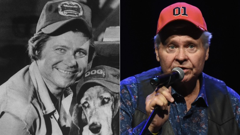 "Dukes of Hazzard" cast member Ben Jones poses in a black and white photo with a dog side by side next to a photo of him older with a red hat talking into a microphone