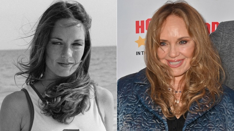 "Dukes of Hazzard" actor Catherine Bach smiles in front of the ocean in an old black and white picture next to a picture of her on the red carpet when she was older