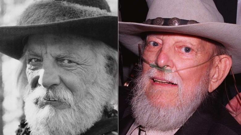 "The Dukes of Hazzard" actor Denver Pyle poses in a felt hat in a black and white photo next to a more recent picture of him in a cowboy hat and an oxygen tube