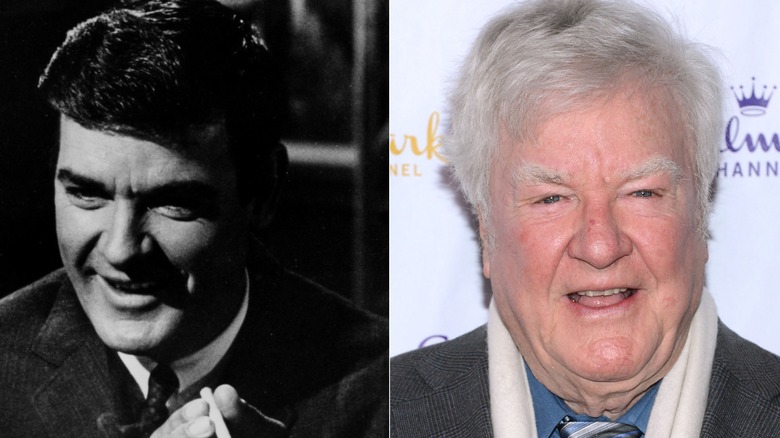 "Dukes of Hazzard" cast member James Best looks off camera smiling in an old black and white photo side by side next to a photo of him as an old man with white hair