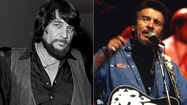 "Dukes of Hazzard" cast member Waylon Jennings poses in a black and white photo next to a more recent photo of him singing on stage