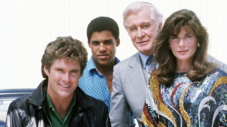 Group pic of Knight Rider cast from the original series featuring David Hasselhoff, Patricia McPherson, Edward Mulhare, and Peter Parros