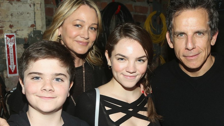 Quinlin Stiller, Christine Taylor, Ella Stiller, Ben Stiller at a Broadway show
