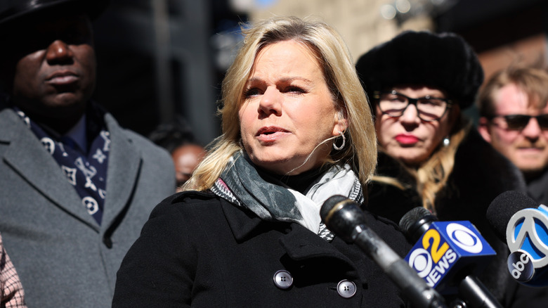 Gretchen Carlson speaking to the media outdoors