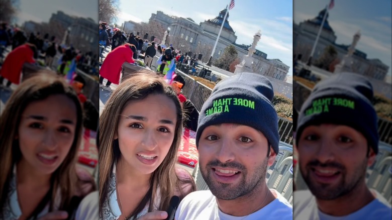 TLC's Jazz Jennings and her brother speak into a mini microphone in front of the Supreme Court