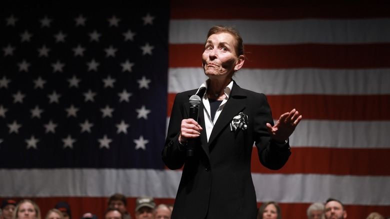 Judge Judy in front of the American flag, endorsing Nikki Haley in 2024