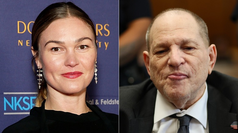 A split image of Julia Stiles and Harvey Weinstein