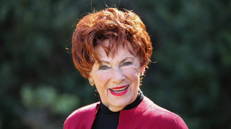 Marion Ross in a red sweater visits Hallmark's "Home & Family" at Universal Studios Hollywood on January 23, 2019.