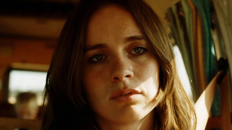 Closeup of Cressida Bonas in a car in White House Farm scene