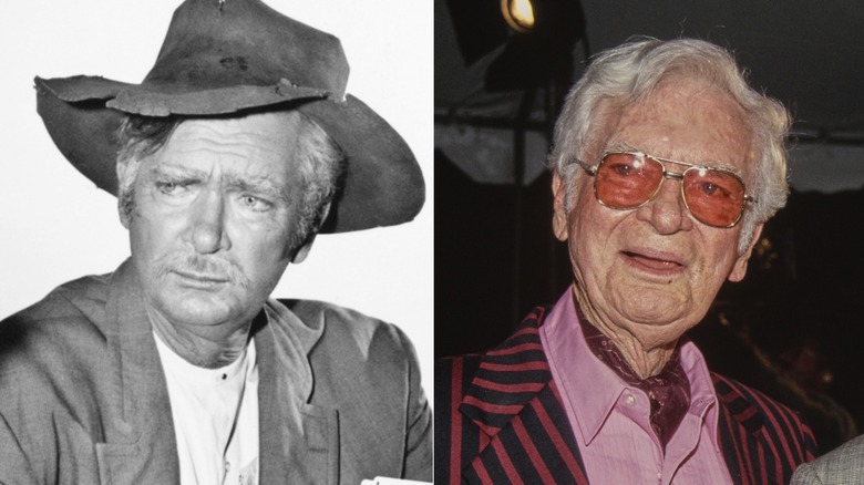 Split image of Buddy Ebsen as Jed Clampett and at a 1993 movie premiere