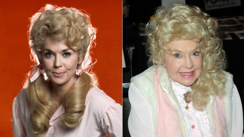 Split image of Donna Douglas on The Beverly Hillbillies and during the 2010s