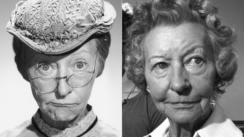 Split image of Irene Ryan as Granny Clampett and in a promotional photo for Pippin