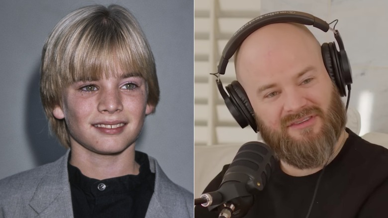 Split image of David Gallagher posing at an event in 1998 and recording a podcast in 2026