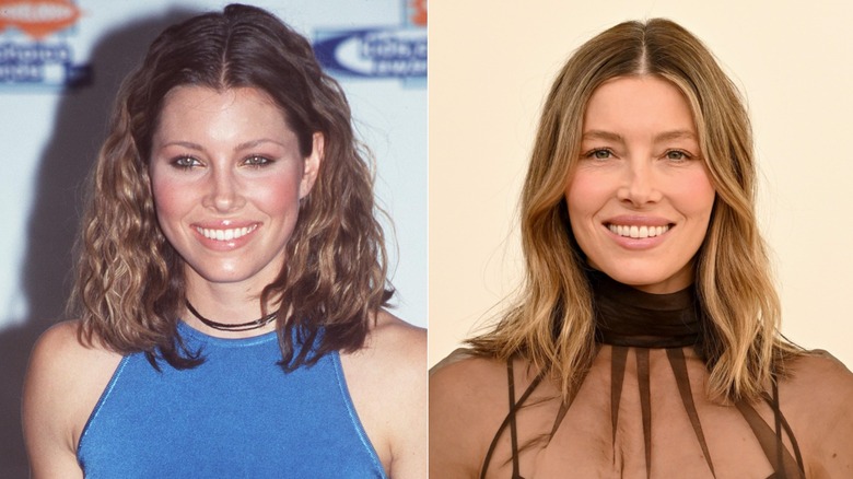 Split image of Jessica Biel smiling at events in 1999 and 2026