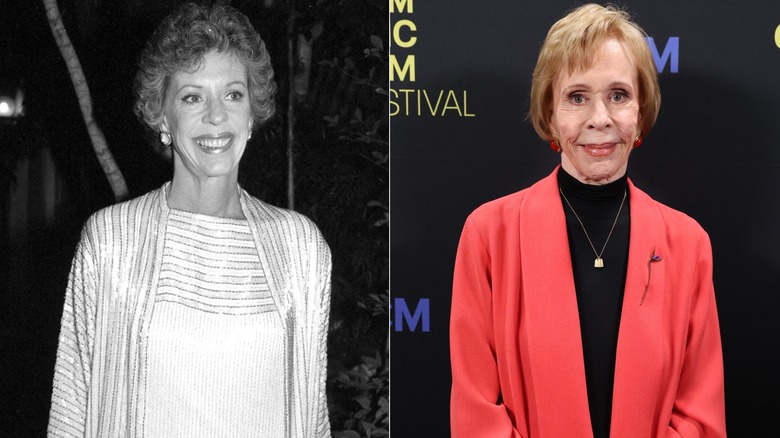 Split image of Carol Burnett smiling in the 1980s and in 2026
