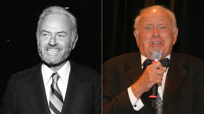 Split image of Harvey Korman wearing a suit in the 1980s and again in 2004