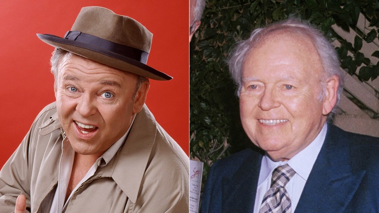 Split image of Carroll O'Connor in All in the Family promo photo and in the late 1990s