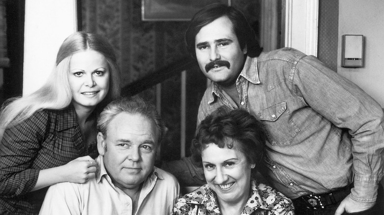 Black and white photo of the cast of All in the Family