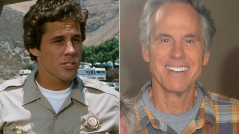 Split image of Brodie Greer in "CHiPs" on the left and smiling alongside the cast of "CHiPs" at The Hollywood Show in 2014 on the right.