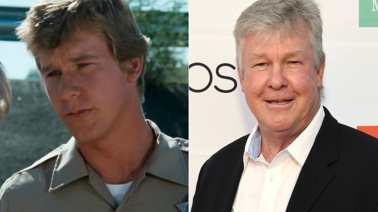 Split image of Larry Wilcox in "CHiPs" on the left and smiling at the Festival of Arts Celebrity Benefit Event in 2019 on the right.