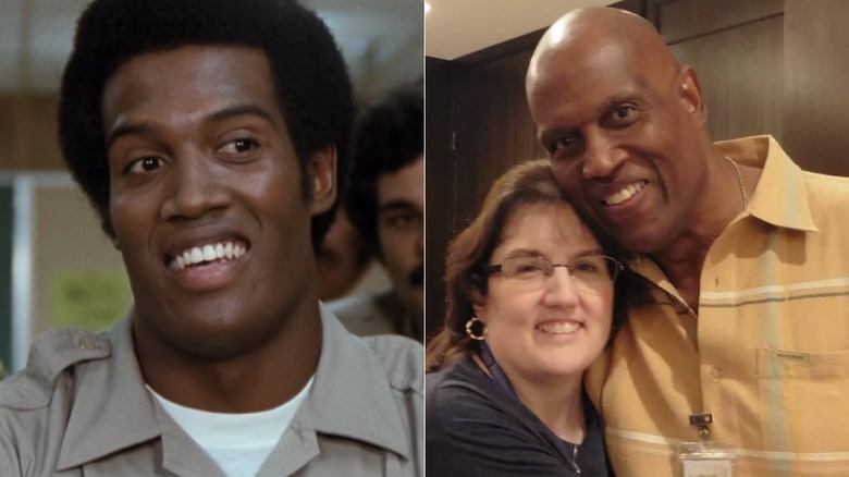 Lew Saunders in "CHiPs" on the left and smiling with a fan on the right.