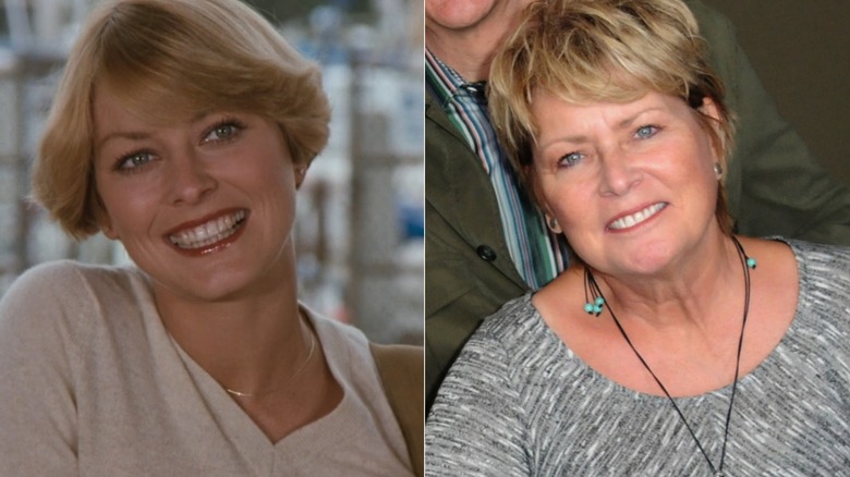 Split image of Randi Oakes in "CHiPs" on the left and smiling along the cast of "CHiPs" at The Hollywood Show in 2014 on the right.